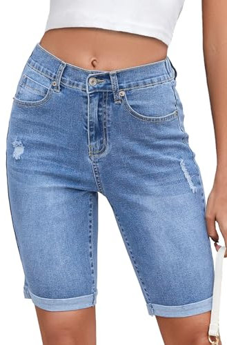 Metietila Damen-Bermuda-Shorts mit hoher Taille, gefalteter Saum, elastische Taille, dehnbare Jeans-Shorts, Lapis Air, S