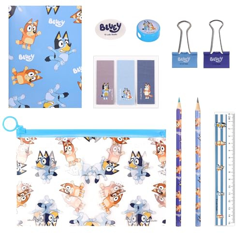Bluey Juego de 9 estuches transparentes con relleno de papelería, impermeables, para niños, niñas, niños, escuela, viajes, exámenes