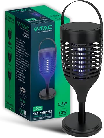 V-TAC Zanzariera Elettrica Portatile Ricaricabile con Panello Solare o Porta USB-C - Design Innovativo 3 in 1 - Luce Blu UV Uso Interno, Esterno, Giardino, Viaggi - Trappola Elettrica Zanzare Insetti