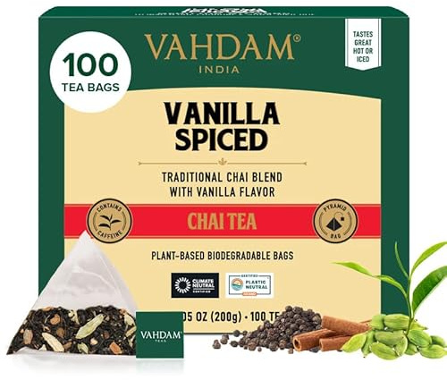 VAHDAM Té Chai de Vainilla y Especias (100 bolsitas piramidales) – mezcla de té negro indio con vainilla, canela, cardamomo, clavo y jengibre, sabor intenso, sellado al vacío