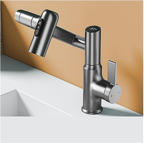 Küchenarmaturen, raffiniertes Kupfer, verdickende Intelligenz, Digitalanzeige, Zughahn, 360 drehbarer Wasserhahn, drei Wasserauslassmodi(Gris)