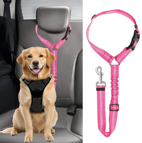 Dog Seat Belts For Cars, Uk Headrest Pet Car Seat Belt Adjustable, Dog Car Harness Dogs Safety Seatbelt, Anti Shock Elastic Pet Restraint Strong Leads Harness For Dogs Pets Safety (Rose Red)