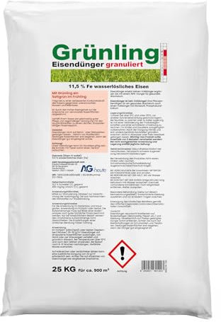 Grünling A&G-heute 25kg Eisendünger Granulat Rasendünger | Eisen-2-Sulfat | Frühjahr Herbstbeginn | Für ca. 1000m² Rasenfläche für sattes kräftiges dichtes Grün