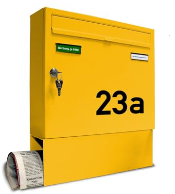 AL Briefkastensysteme Briefkasten mit Hausnummer gelb RAL 1003 - Basic 1er Briefkasten mit Zeitungsfach und Namensschild wetterfest Din A4 - Postkasten mit Hausnummernschild personalisiert