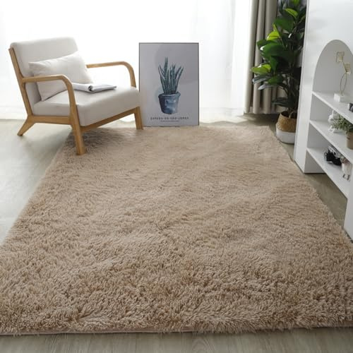 YUANWAN Alfombra Antideslizante Muy Suave 140 x 230 cm Antideslizante Resistente Alfombras Dormitorio Modernas Pelo Largo Lavables para Interiores Estar Habitación, Beige