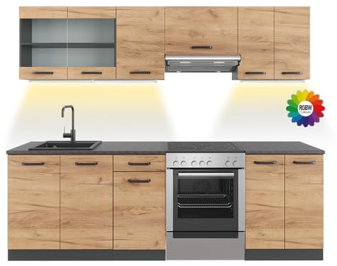 Vicco Küchenzeile Raul, Goldkraft Eiche/Anthrazit, 240 cm | AP Schwarz gemustert mit LED-Leisten, mit modularen Elementen flexibel kombinierbar