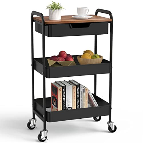 Shrivee 3-Tier Kitchen Storage Trolley on Wheels and Drawer, All-Purpose Metal Uses Trolley for Office Salon Kitchen Bathroom Office(Black)