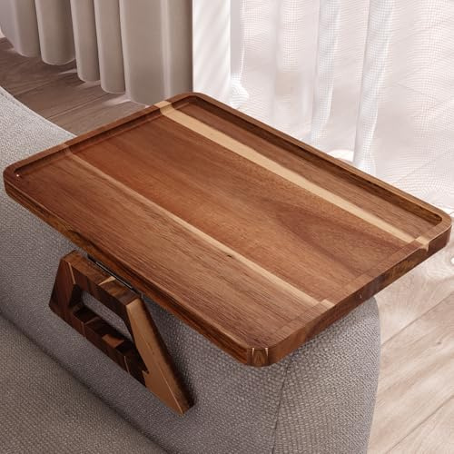Danfoxer Acacia Wood Couch Arm Tray,Folding Sofa Armrest Tray,Couch Arm Table Clip-On Couch Desk for Drinks, Snacks,Phone,Remote Control