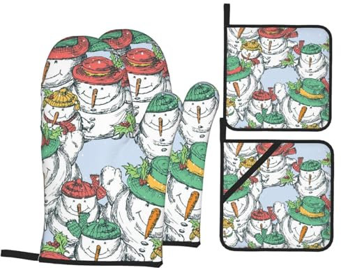 Ofenhandschuhe und Topflappen-Set, Weihnachtsschneemänner, Beere, hitzebeständig, Küchen-Backhandschuhe, rutschfeste Oberfläche zum Kochen, Backen, Grillen, Grillen