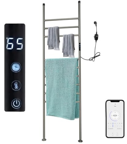 JAYEUW Elektrischer Badheizkörper 150W Bodenstehender Handtuchhalter Handtuchwärmer 45-70℃ Handtuchheizer Freistehend Handtuchtrockner 9-Stäbe 42.5 * 160cm (Grau)
