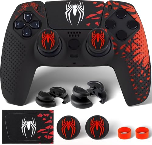 PlayRealm 1 x Silikon-Aufkleber und Verlängerungsgriffe für PS5-Controller, Spider Edition, Rot