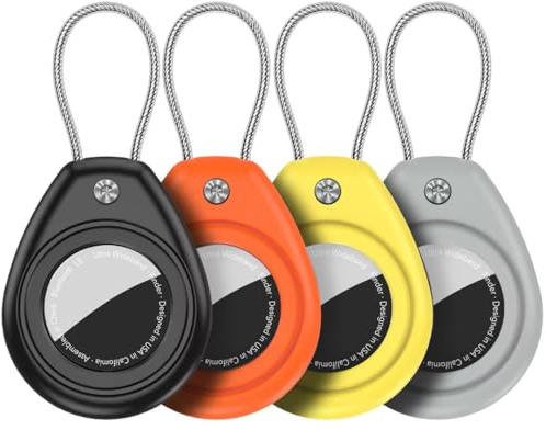 Aimtel 4 Pièce Étui AirTag Compatible avec Le Apple AirTag, Etanche IPX8 Porte Clef Air Tag avec Câble Métallique, Support Air Tag pour Les Clés, Les Animaux, Les Sacs et Autres Objets de Valeur