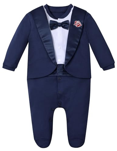 mintgreen Baby Boy Gentleman Outfits,Newborn Tuxedo Footie Wedding Suit with Bow Tie, Blue, 9-12 Months, 80