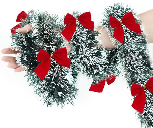 Ghirlande Natalizie, 2 Metro Ghirlanda Decorativa Natalizia, Viene Fornito con 6 Fiocchi di Natale, Gghirlanda Natalizia per Scale, Adatto per Caminetti, Alberi di Natale (A)