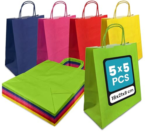Netuno 25 Geschenktüten mit Henkel sortiert 18x21x8 cm für Präsente | Robuste Tragetaschen aus Kraftpapier – für Einkaufen, Handel, Verkauf, Party, Weihnachten, Ostern, Boutique & Markt