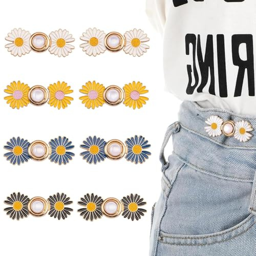 8 Stück Verstellbare Hosenknöpfe ohne Nähen, Metall Jeansknöpfe Ersatzknöpfe, Abnehmbar & Wiederverwendbar, Taillenknopf zum Hosenbund Enger Machen für Jeans, Hosen & Röcke (Sonnenblume)