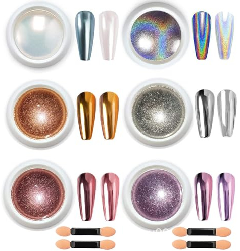 6 Farben Chrome Nail Powder, Chrom Glitzerpuder Set, Perlchrom Nagel Powder Spiegelpulver Metallpulver, Glassy Laser Effect Nagelkunst, Nägel Glitzer Pulver Spiegeleffekt Nail Art DIY Nageldesign
