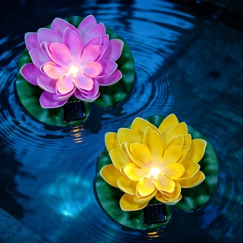 XPJBKC 2 Stück Seerosen Künstlich Solar, Seerosen für Teich Künstlich, Solar seerose, Schwimmende Lotuslichter für Außen, Künstliche Teichpflanzen, Lotusblüte Deko für Garten Teich Terrasse