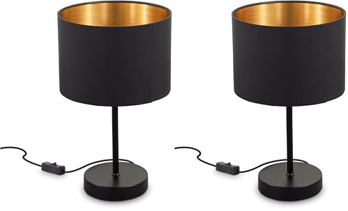 B.K.Licht - Nachttischlampe mit Kabelschalter, Lampenschirm aus Stoff, Vintage, Tischlampe, Lampe, Schreibtischlampe, Tischleuchte, Bürolampe, Leselampe, Leselicht, Retro, 33x20 cm, Schwarz-Gold