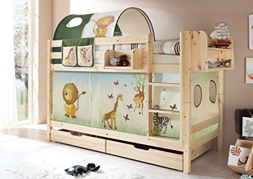 TiCAA Etagenbett, Kinderbett Stockbett für Kinder mit Treppe & Vorhangstoff Zwei Liegeflächen aus Kiefer Massivholz Bettgestell 90 x 200