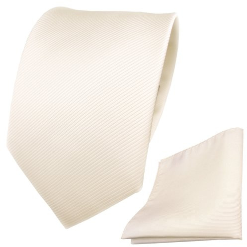 TigerTie Designer Krawatte + Einstecktuch weiß perlweiß creme cremeweiß Uni Rips - Binder Tuch