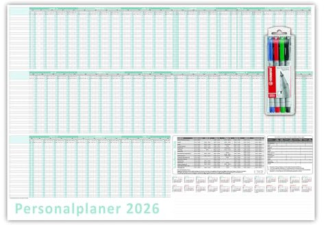 Urlaubsplaner/Personalplaner 2026 nass abwischbar mit Folienkaschierung inkl. Stifteset - DIN B2 Format (700 x 500mm) 22 Mitarbeiter Januar bis März Folgejahr mit Schulferien (gerollt!)