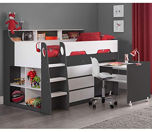 happybeds Jupiter White and Grey Wooden Mid Sleeper Bed, 3ft Single | 3ft Single, Wooden Mid Sleeper Bed, Frame Only, White, Grey, Storage Shelves, Solid Slatted Base, Safety Rails, Ladder, Desk