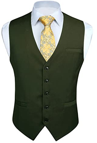 Enlision väst för män formella enkla västar bröllop enfärgad smoking väst affärskostym väst med fickor XS-4XL, Armégrönt, L