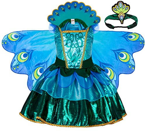 Spooktacular Creations Påfågelsklänning med fjädervingar och pannband för flickor, halloweenkostym och djurdräkter för barn (medium (8–10 år))