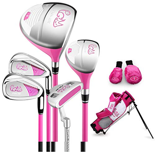 PGM Juego Completo de Palos de Golf Junior para niños, 6-8 Grupos de Edad, 5 Palos de Golf con Bolsa de Soporte y 2 Fundas para la Cabeza para niños y niñas, Mano Derecha, Rosa