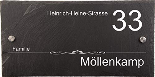 Türschild mit Namen, Haustürschilder – Türschilder mit Gravur, Haustürschild Familie, Türschild personalisiert aus NATURSCHIEFER und 2 Edelstahl Abstandshaltern 30cmx15cm.