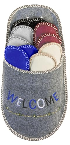 BOOTSY® Chaussons pour invités - Motif Welcome (5 paires) • Pantoufles en feutre unisexe • Lot de chaussons d’accueil • Tailles 35/38, 38/40, 41/43, 44/45 • Mules avec sac de rangement