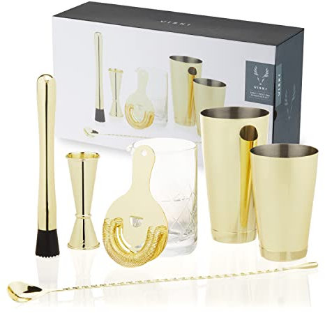 Viski Gold Cocktail Shaker Set - Gold Bar Set for Cocktails - Shaker, Mixing Glass, Barspoon and Bartender Accessories - Stainless Steel Set of 7