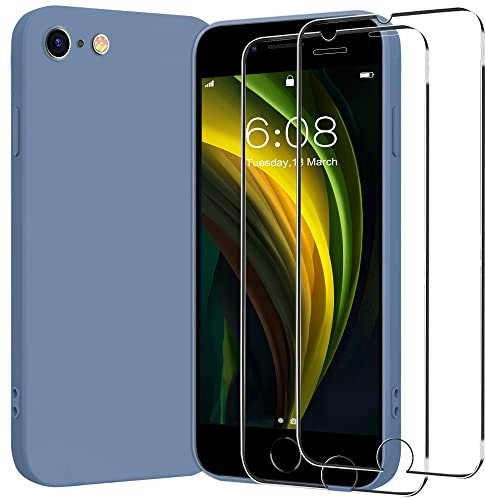 For iPhone SE 2020 2022 Phone Case,iPhone 7 8 Liquid Silicone Case with 2 x Tempered Glass Screen Protector,Silky-Soft Touch Full-Body Protective Shockproof Cover with Microfiber Lining,4.7 Inch,Gray