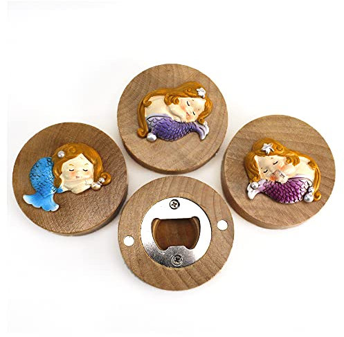 DLM 32932 (Kit 12 Pezzi) Apri Bottiglie Apribottiglie con Calamita Moderno Design Tondo in Legno Sirenetta Sirena Bambina Nascita Battesimo bomboniera