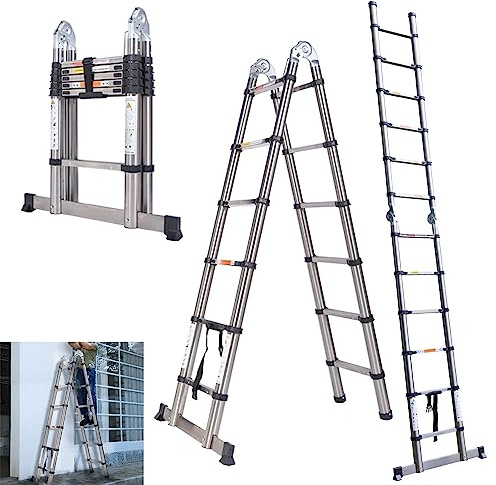 Extendable Ladder 1.9m + 1.9m Telescopic A Frame Ladder, Stainless Steel Folding Ladder, Multi-purpose Ladder with Non-Slip Feet, Combination Ladder for Household Roof Loft Home Outdoor Indoor
