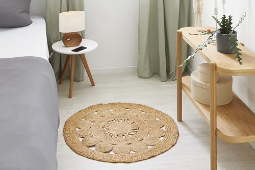 -LUXOR- living Jute Teppich Rund Balo – Boho Teppich handgeflochten aus Jute & Baumwolle – Robuster runder Teppich & Wendeteppich für Wohnzimmer, Flur & Schlafzimmer – Farbe: Natur, Größe: Ø 60 cm