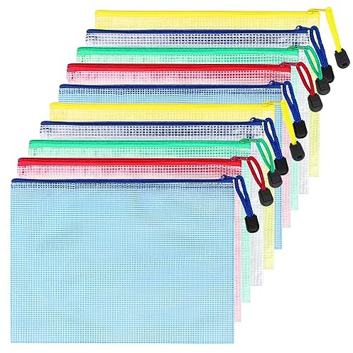 Dokumententasche A5, 10 Stücke Dokumentenmappe mit Reißverschluss, Mesh Kunststoff Reißverschlusstasche, 5 Farben, für Datei, Papier, Dokumente, Kosmetika, Hausaufgaben