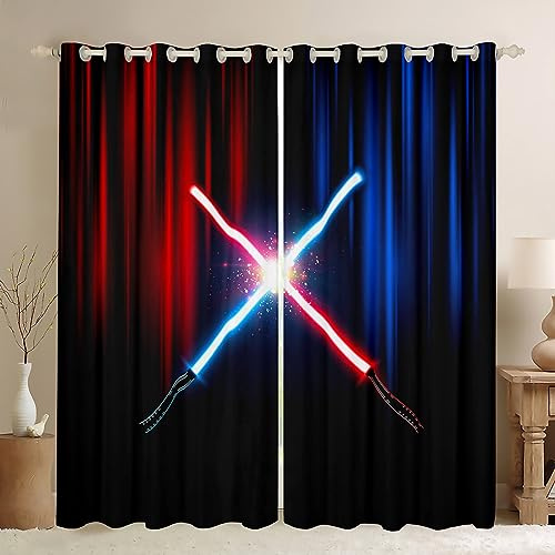 Neonlicht Licht Schwerter Fenster Vorhang Geometrisch Rot Blau Abstrakte Ombre Vorhänge Kinder Erwachsenenzimmer Dekor Videospiele Fenster Vorhang Mode Schwarze Fenster Vorhänge,2 Platten,XXL Größe