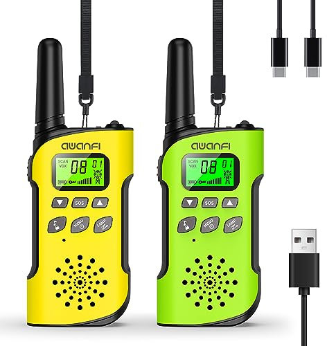 AWANFI Walkie Talkie Kinder, Walkie Talkie Aufladbar Li-ion Akku, Funkgerät Set, Walki Talki VOX, LCD Taschenlampe, Tastensperre, Walky Talky für Geschenk Camping Abenteuer, 3-12 Jahre