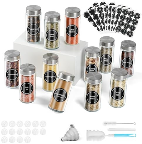 Moreau Barattoli Per Spezie, 12 Barattoli Per Spezie Rotondi In Vetro Con Coperchi In Acciaio Inox, 120 Ml, Barattoli Per Spezie, Contenitore Per Spezie