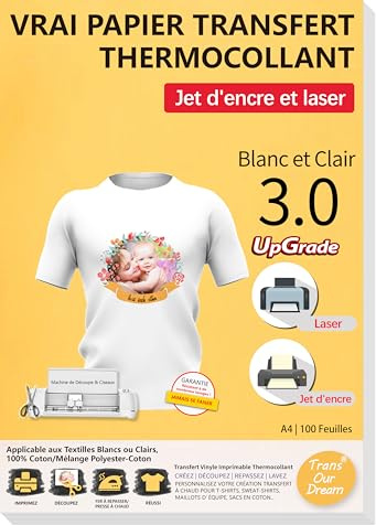 TransOurDream 10 Feuilles*A4 Papier Transfert pour Textile clair 3.0 | Compatible Imprimantes Jet d'Encre & Laser, Papier Transfert pour T-Shirt ou Textile Blanc et Clair, Non Impression Miroir
