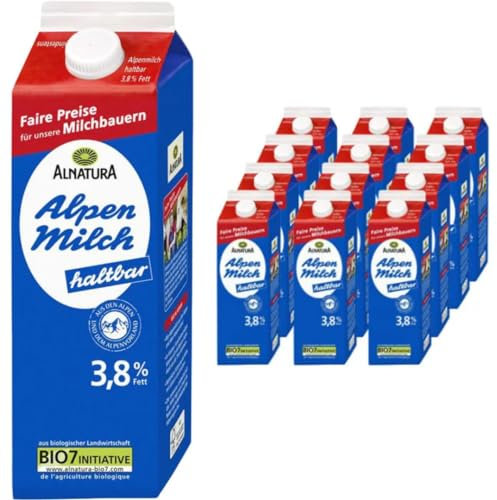 Milch Alnatura fettarme H-Milch 3,8% Fett Haltbare Alpenmilch, je 1 Liter, 12 Stück