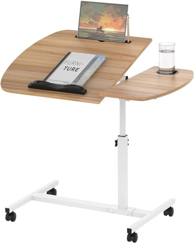 nwixbqoqn 60 x 40 cm Laptoptisch mit Rollen, Laptoptisch Höhenverstellbar 61-95cm, Beistelltisch mit Rollen, Computertisch klein mit Tablet-Schlitz und Cup Slot für Wohnzimmer, Schlafzimmer, Braun