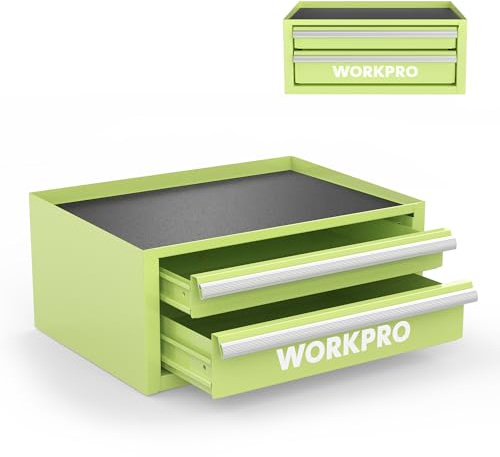 WORKPRO 12.5 Mini Tool Box with 2 Drawers & 1 Open Top Storage, Small Metal Tool Chest with PVC Liners & PP Feet Pads, Cold Rolled Steel Toolbox with Drawer Liners & Magnetic Tabs