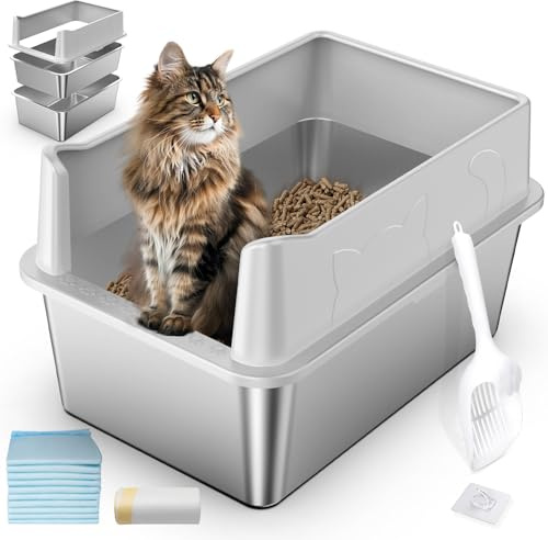Stainless Steel Cat Litter Box - XL High Sided Metal Sifting Litter Box, Enclosed for Big Cats, Anti-Leakage, Easy Clean - Includes Scoop, Liner, Pee Pad and Hook