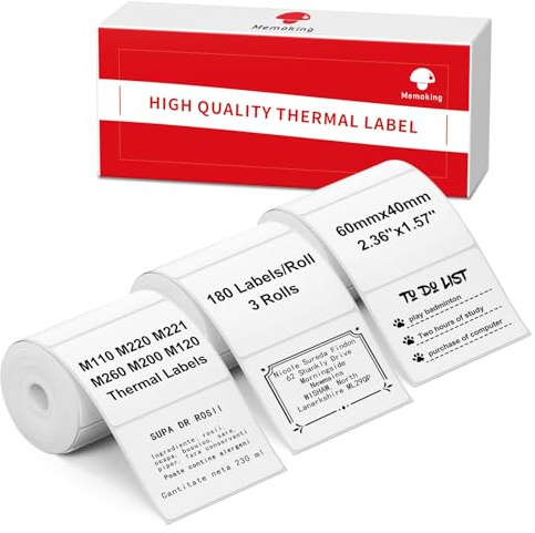 Thermo Etiketten Kompatibel mit Phomemo M220 M260 M221 M250 M200 und Memoking M260 A42 Etikettendrucker, 60mm x 40mm (2,36 x 1,57), 170 Etiketten/Rollen, 3 Rollen
