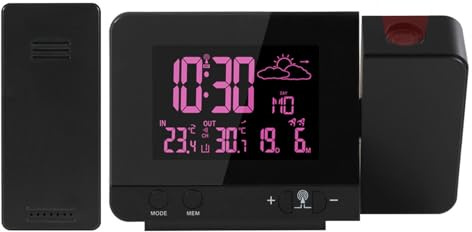 OJXIER Wecker mit um 180° drehbarem Projektor, Zwei Alarme mit Schlummerfunktion, Datum, Uhrzeit, Anzeige der Innen- und Außentemperatur, Projektionsuhr mit USB-Ladeanschluss für Schlafzimmer