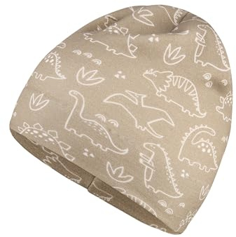 Sterntaler Beanie aus Sweat mit Flauschiger Rückseite und Saurier-Print – Jungen – weich und pflegeleicht – Mütze für Baby und Kinder, Sandfarben, Größe 45