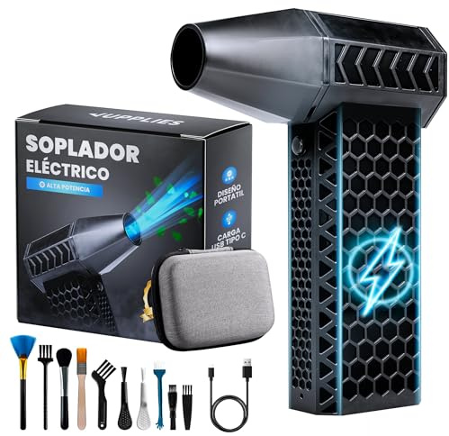 JUPPLIES Soplador de Aire Potente Eléctrico 180,000 RPM – Mini Turboventilador Recargable con Batería 6000mAh – Pistola Aire Comprimido Limpieza PC, Teclados, Autos, Hojas y Más